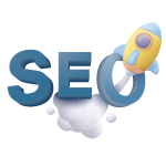 Typography of SEO with a rocket symbolizing growth or success